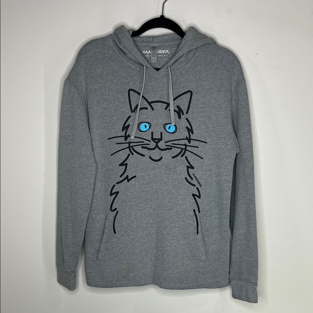 Marushka Blue Eyed Cat Whimsical Wearable Art gray pullover hoodie size Medium - Picture 2 of 15